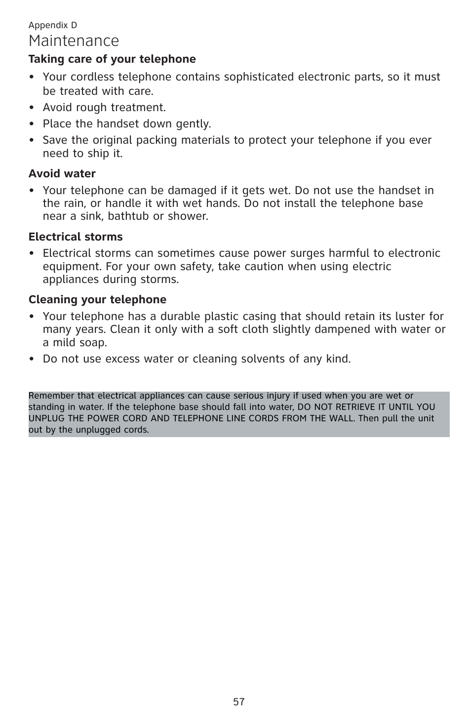 Appendix d maintenance, Maintenance | AT&T DECT EL52459 User Manual | Page 62 / 73