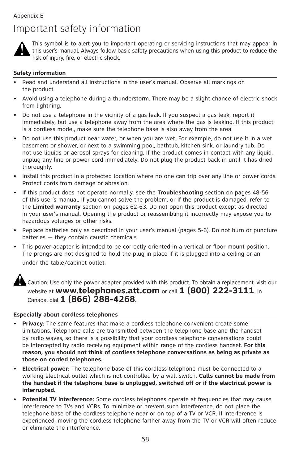 Appendix e important safety information, Important safety information | AT&T DECT EL52459 User Manual | Page 63 / 73