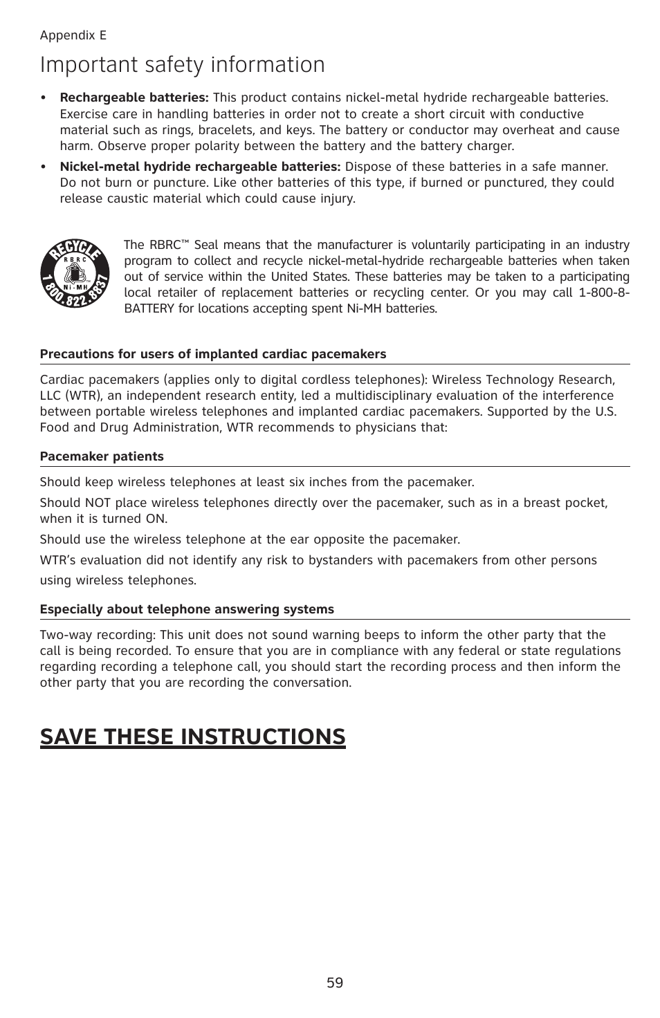 Important safety information, Save these instructions | AT&T DECT EL52459 User Manual | Page 64 / 73