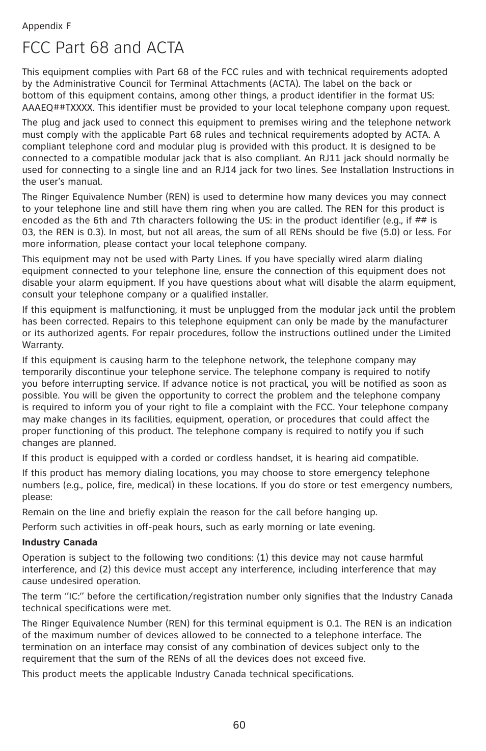 Appendix f fcc part 68 and acta, Fcc part 68 and acta | AT&T DECT EL52459 User Manual | Page 65 / 73