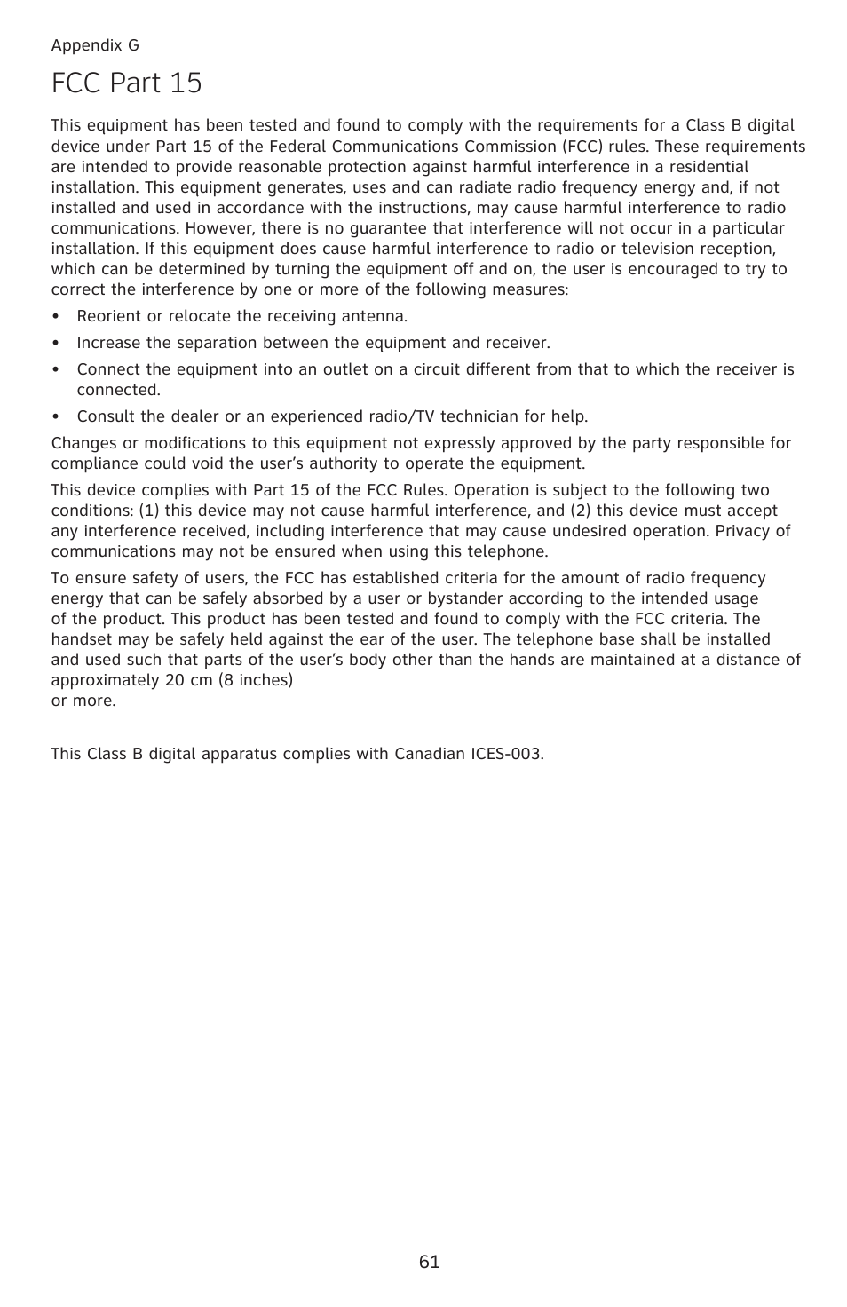 Appendix g fcc part 15, Fcc part 15 | AT&T DECT EL52459 User Manual | Page 66 / 73