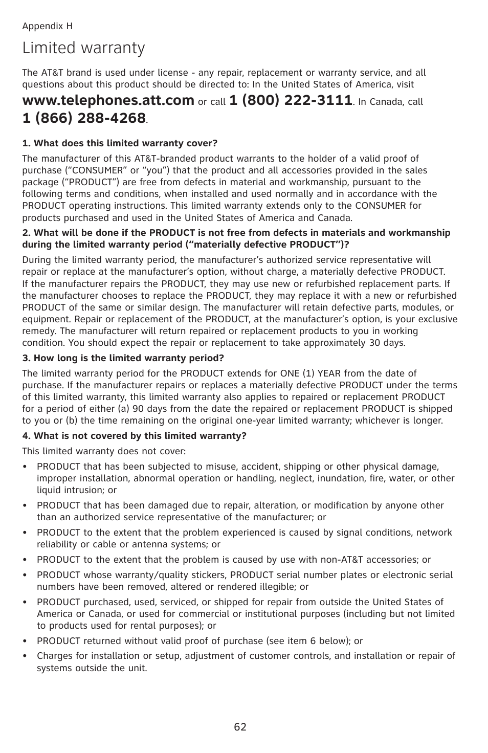 Appendix h limited warranty, Limited warranty | AT&T DECT EL52459 User Manual | Page 67 / 73