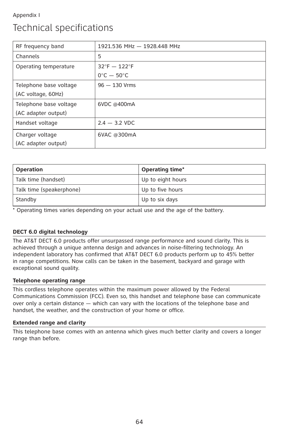 Appendix i technical specifications, Technical specifications | AT&T DECT EL52459 User Manual | Page 69 / 73