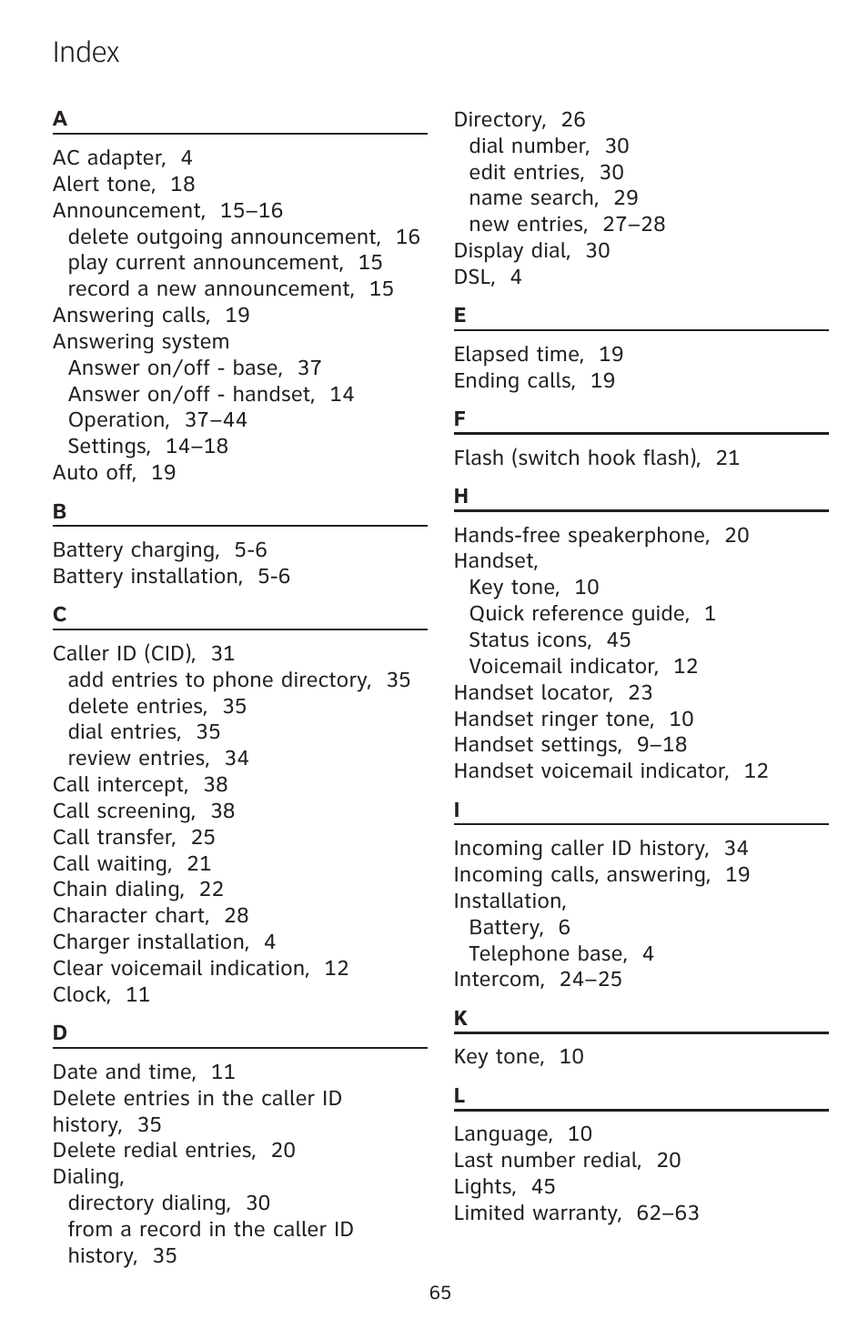 Index | AT&T DECT EL52459 User Manual | Page 70 / 73