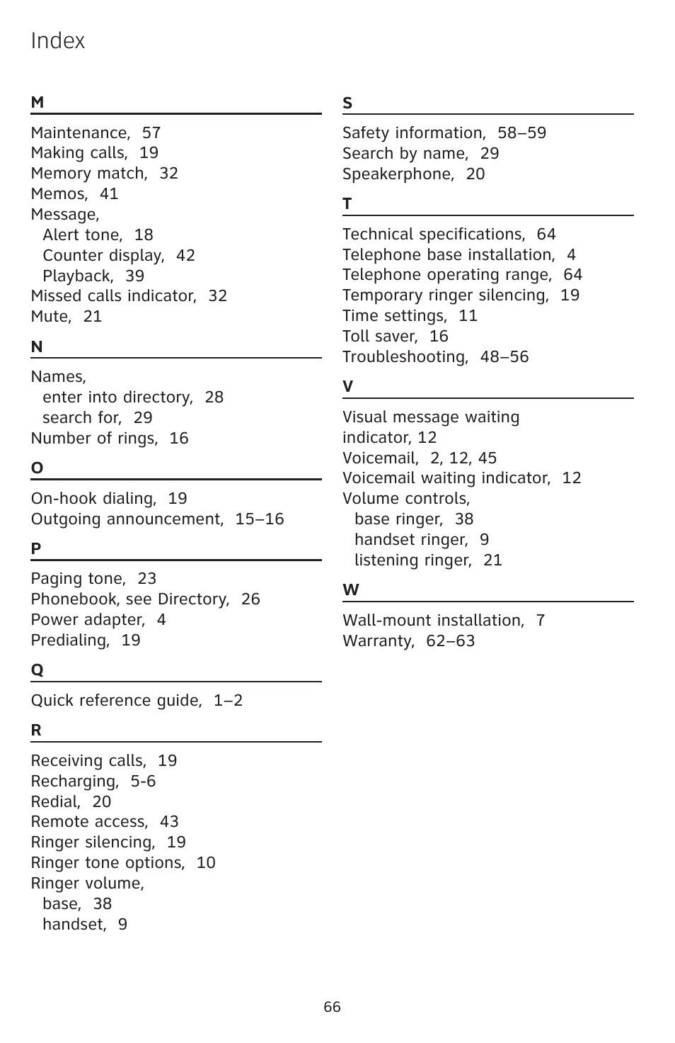 Index | AT&T DECT EL52459 User Manual | Page 71 / 73