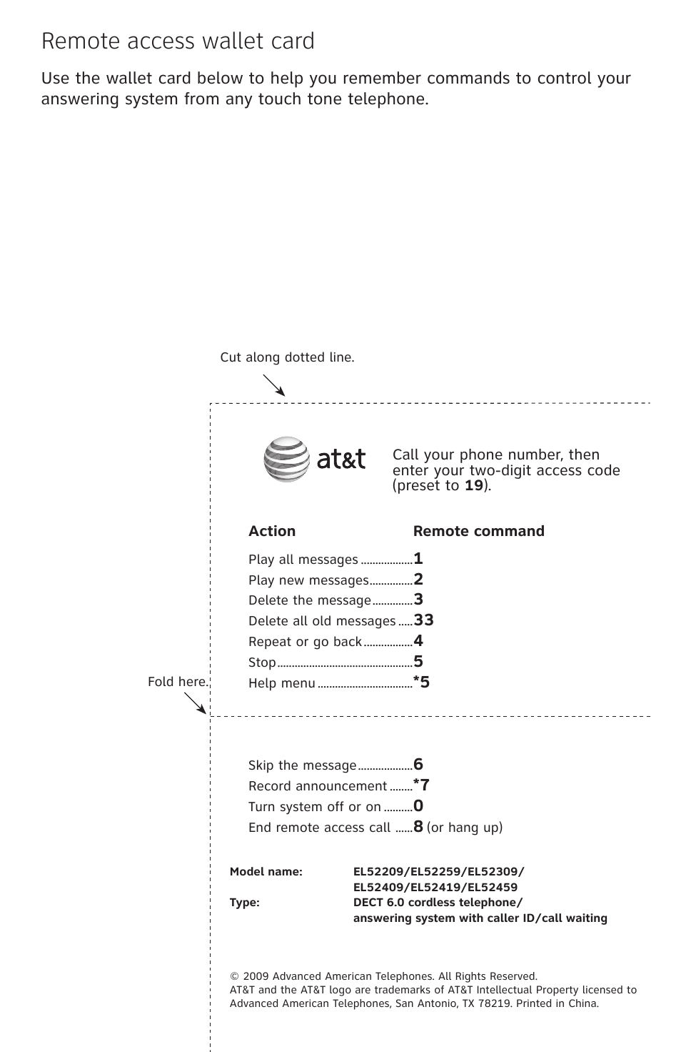 Remote access wallet card | AT&T DECT EL52459 User Manual | Page 72 / 73