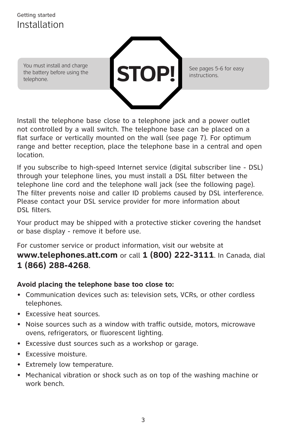 Installation, Stop | AT&T DECT EL52459 User Manual | Page 8 / 73
