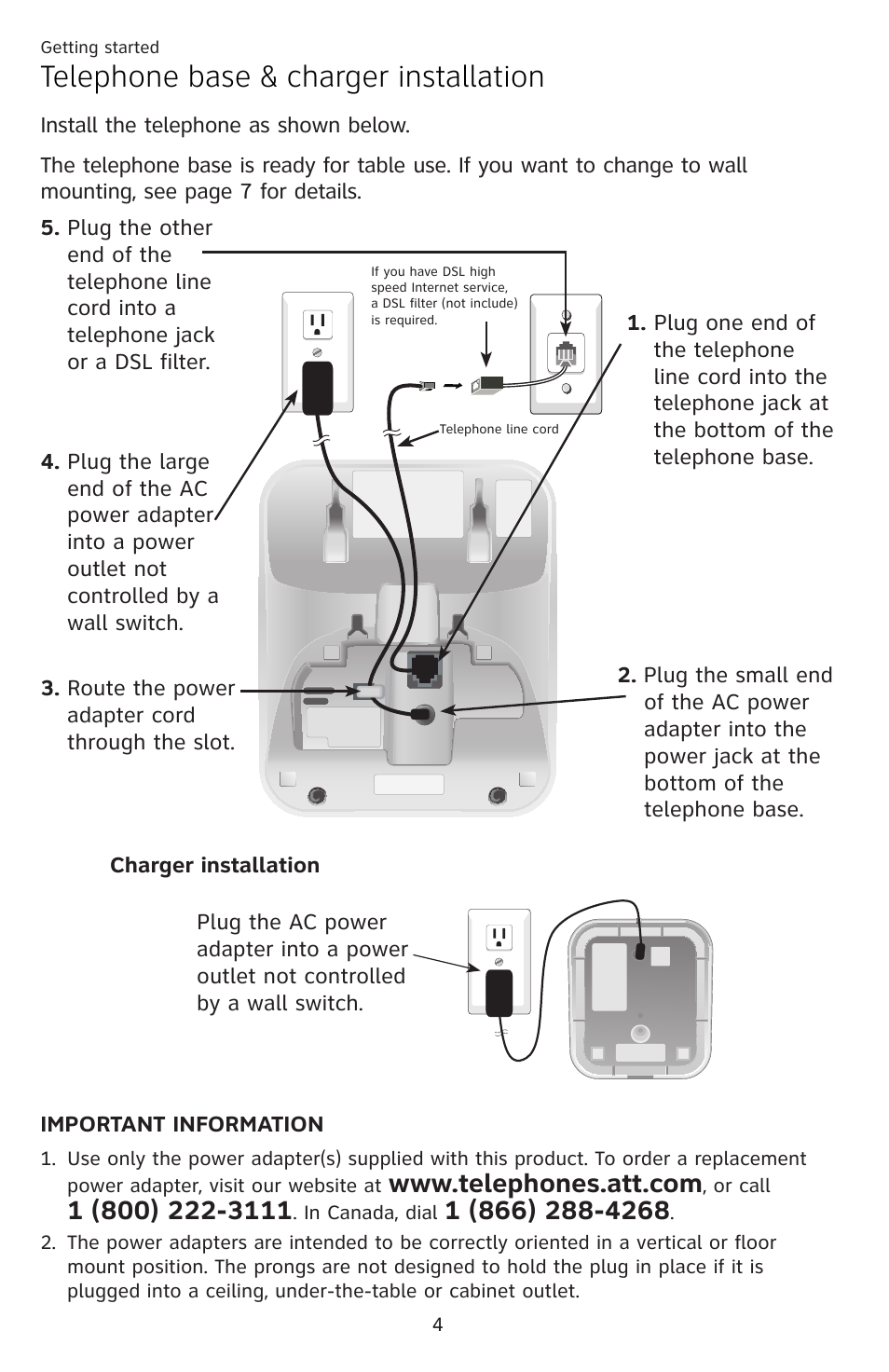 Telephone base & charger installation | AT&T DECT EL52459 User Manual | Page 9 / 73