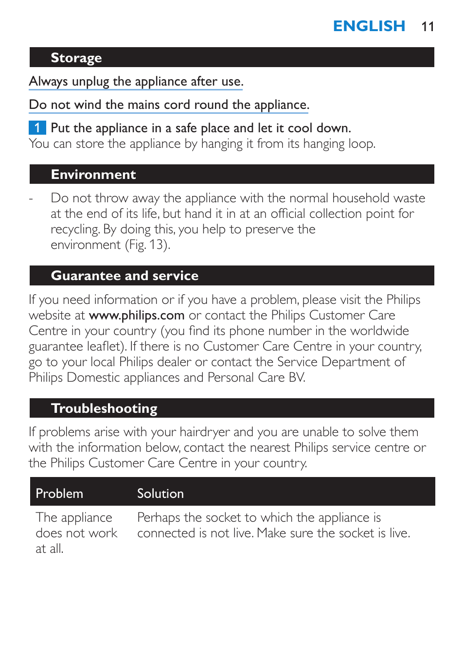Storage, Environment, Guarantee and service | Troubleshooting | Philips SalonDry Control Sèche-cheveux User Manual | Page 11 / 100