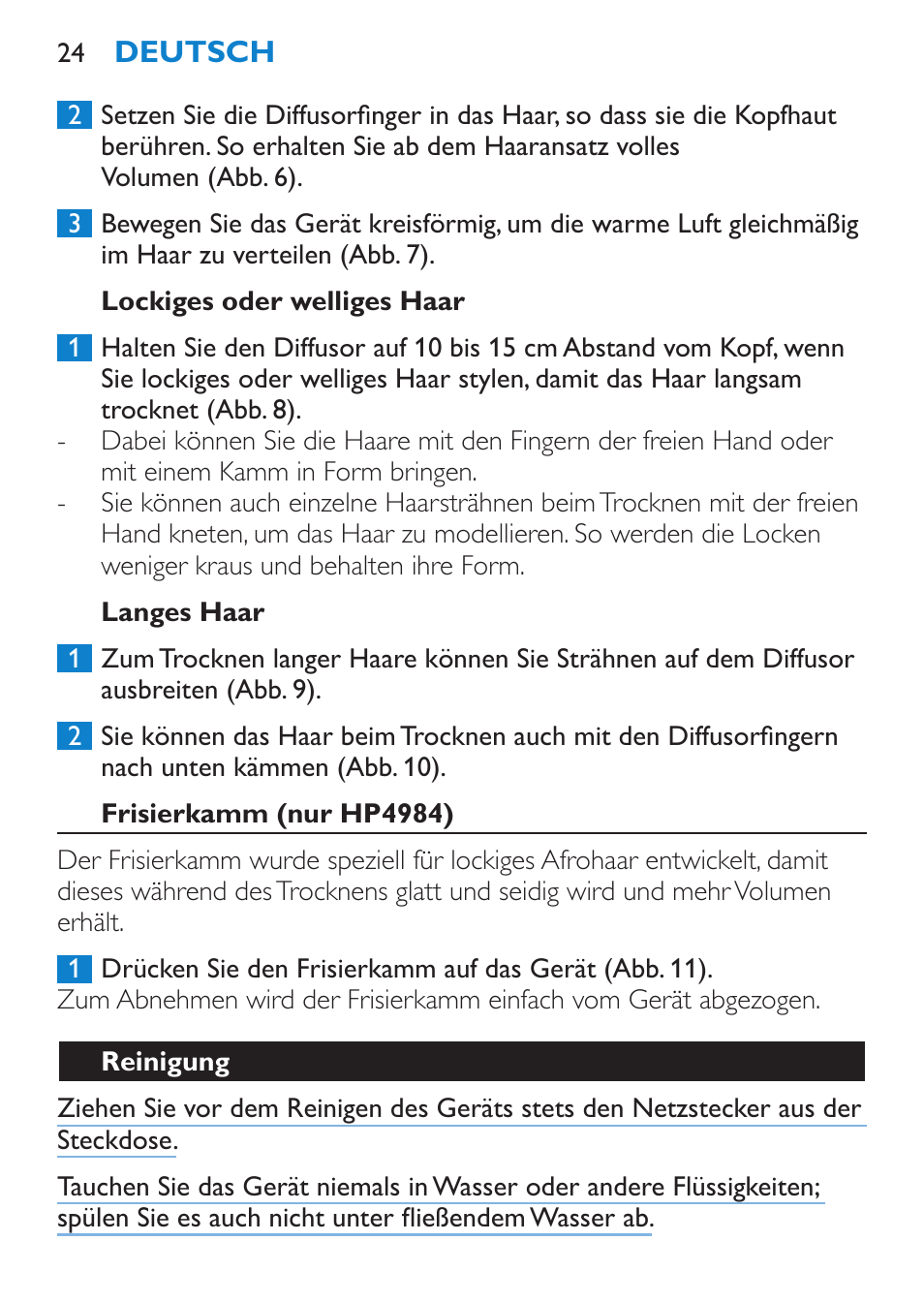 Lockiges oder welliges haar, Langes haar, Frisierkamm (nur hp4984) | Reinigung | Philips SalonDry Control Sèche-cheveux User Manual | Page 24 / 100