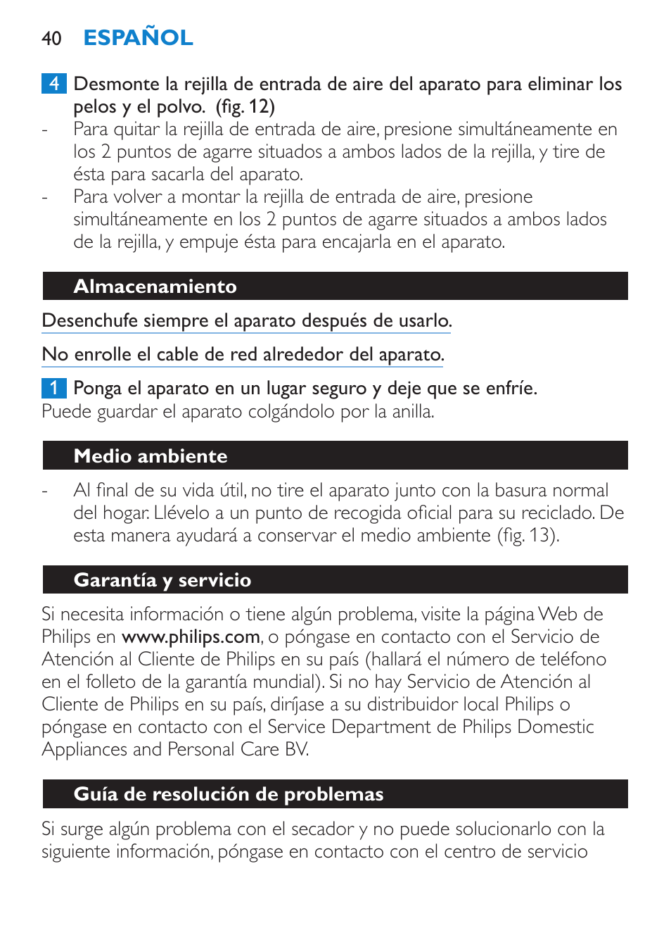 Almacenamiento, Medio ambiente, Garantía y servicio | Guía de resolución de problemas | Philips SalonDry Control Sèche-cheveux User Manual | Page 40 / 100