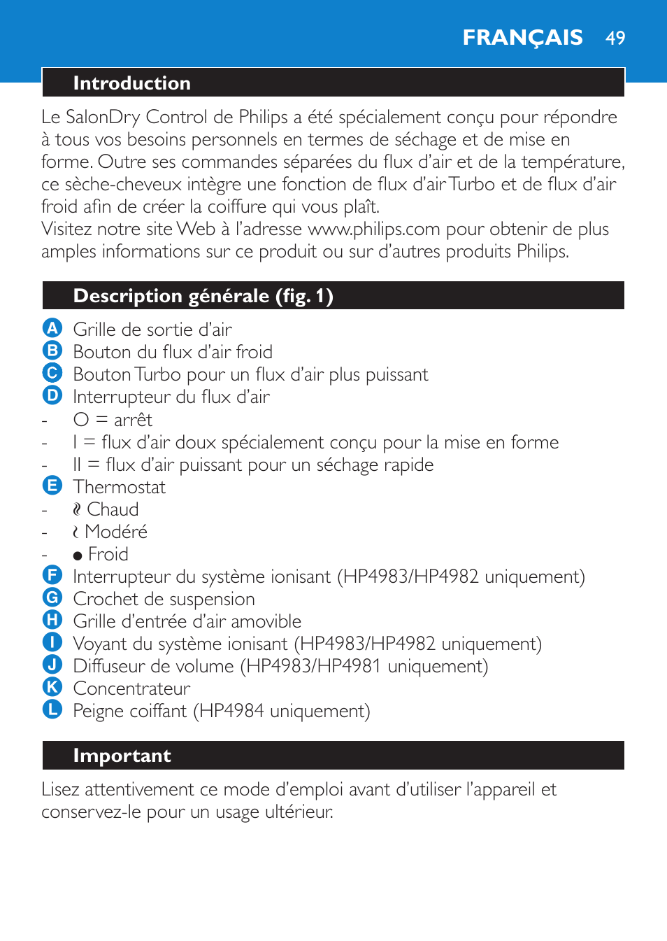 Français, Introduction, Description générale (fig. 1) | Important | Philips SalonDry Control Sèche-cheveux User Manual | Page 49 / 100