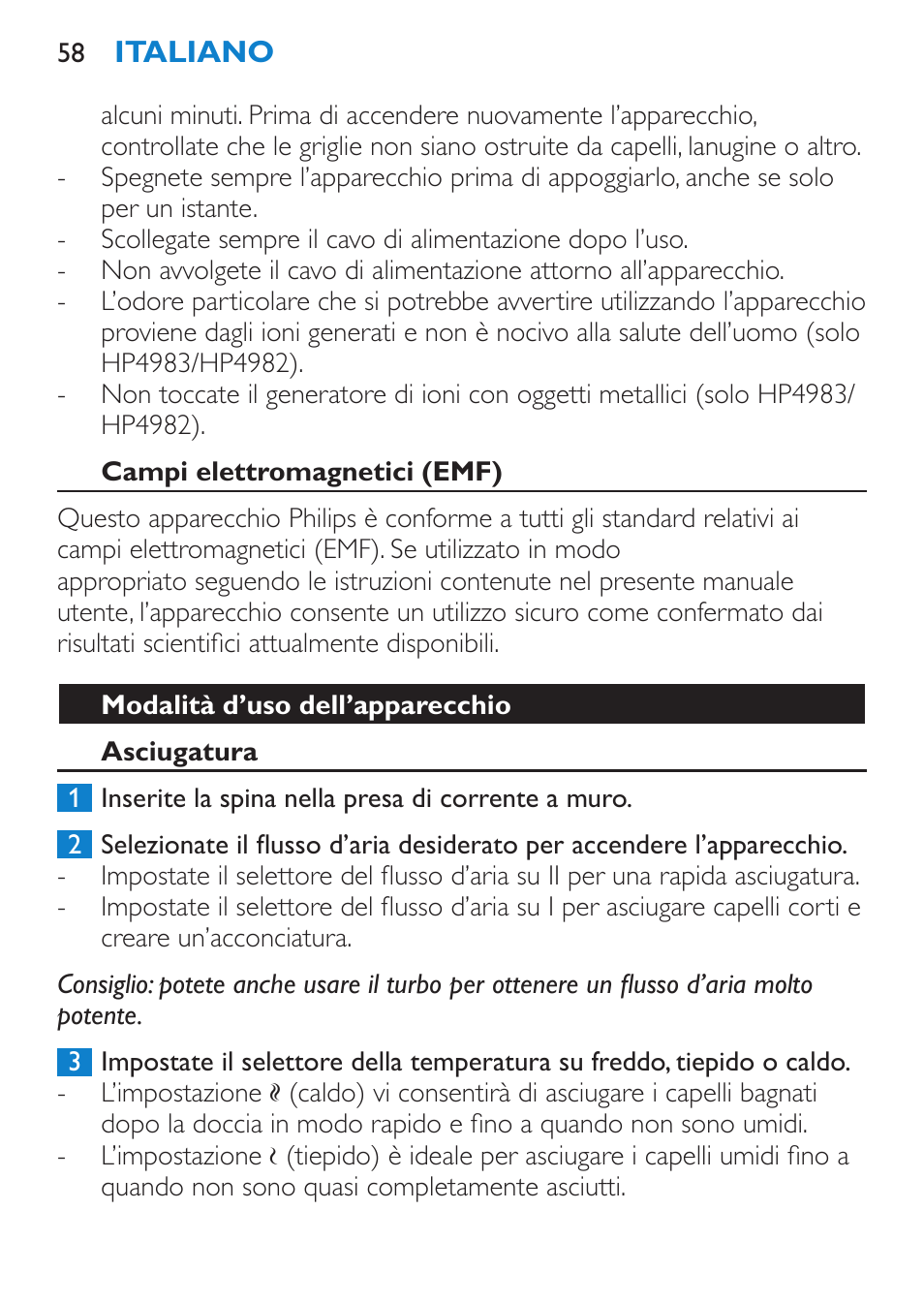 Campi elettromagnetici (emf), Modalità d’uso dell’apparecchio, Asciugatura | Philips SalonDry Control Sèche-cheveux User Manual | Page 58 / 100