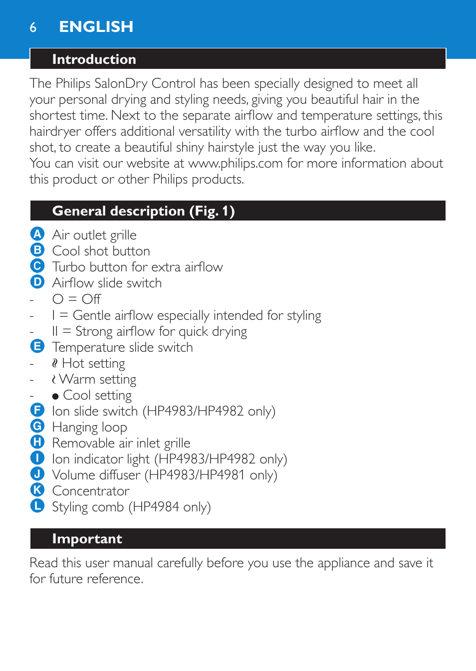 English, Introduction, General description (fig. 1) | Important | Philips SalonDry Control Sèche-cheveux User Manual | Page 6 / 100