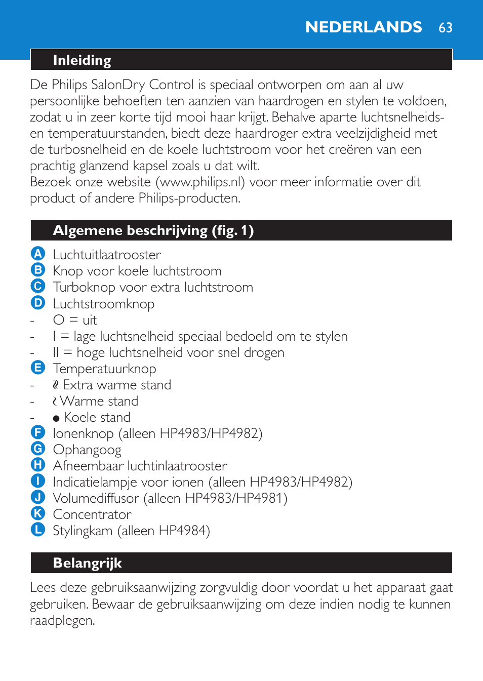 Nederlands, Inleiding, Algemene beschrijving (fig. 1) | Belangrijk | Philips SalonDry Control Sèche-cheveux User Manual | Page 63 / 100