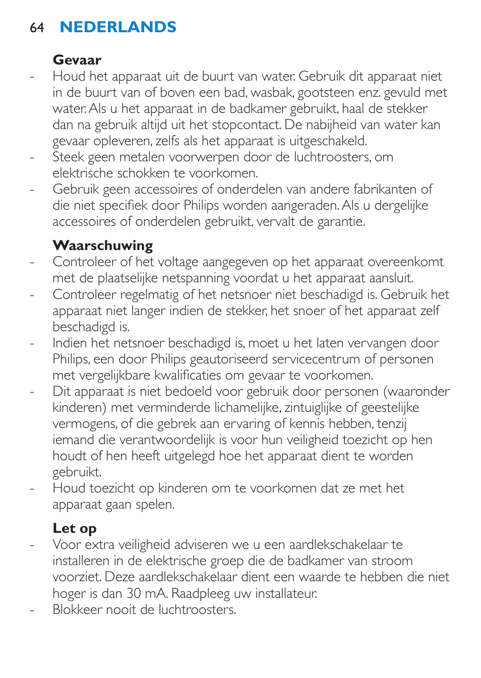 Gevaar, Waarschuwing, Let op | Philips SalonDry Control Sèche-cheveux User Manual | Page 64 / 100