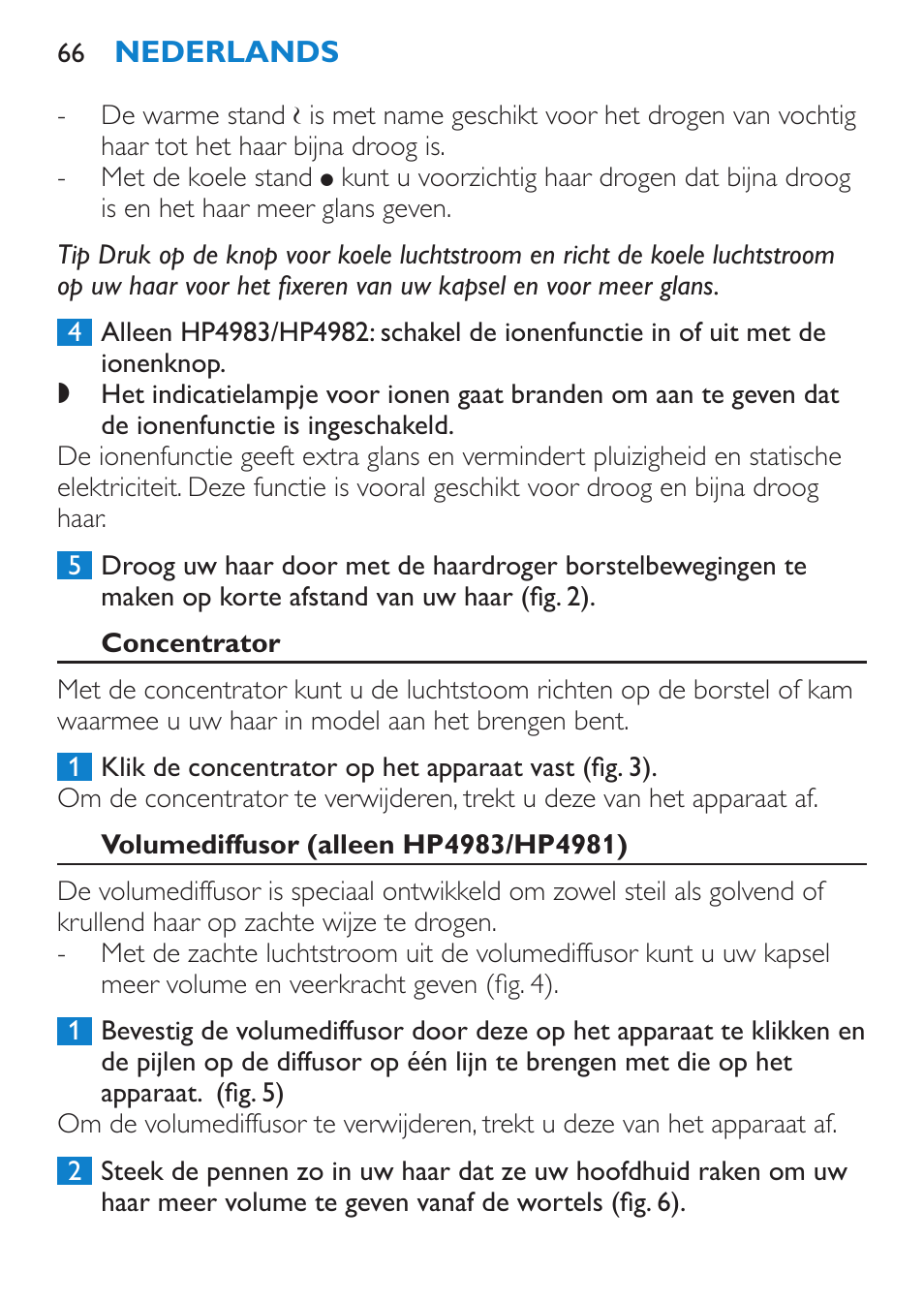 Concentrator, Volumediffusor (alleen hp4983/hp4981) | Philips SalonDry Control Sèche-cheveux User Manual | Page 66 / 100