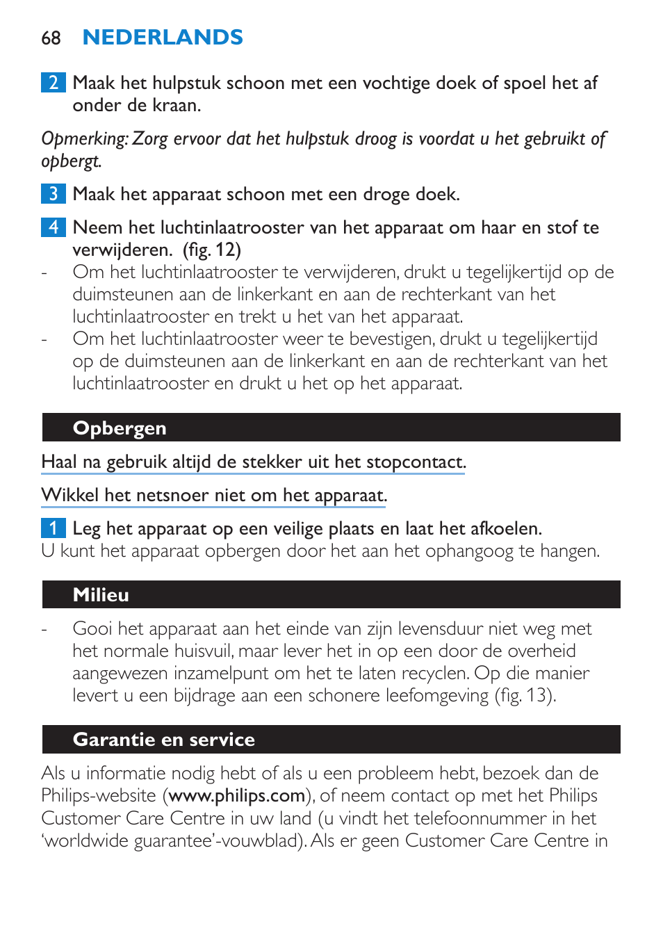 Opbergen, Milieu, Garantie en service | Philips SalonDry Control Sèche-cheveux User Manual | Page 68 / 100