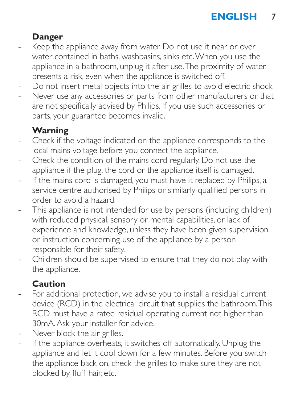 Danger, Warning, Caution | Philips SalonDry Control Sèche-cheveux User Manual | Page 7 / 100