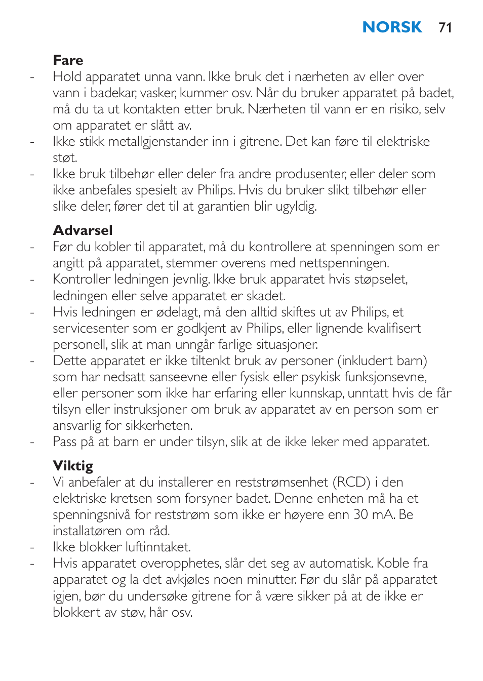 Fare, Advarsel, Viktig | Philips SalonDry Control Sèche-cheveux User Manual | Page 71 / 100