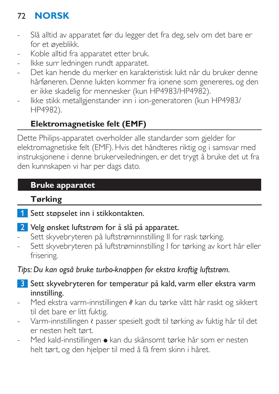 Elektromagnetiske felt (emf), Bruke apparatet, Tørking | Philips SalonDry Control Sèche-cheveux User Manual | Page 72 / 100