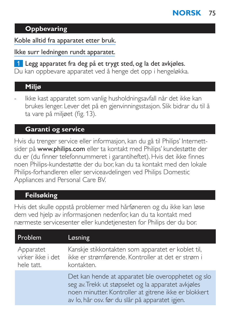 Oppbevaring, Miljø, Garanti og service | Feilsøking | Philips SalonDry Control Sèche-cheveux User Manual | Page 75 / 100