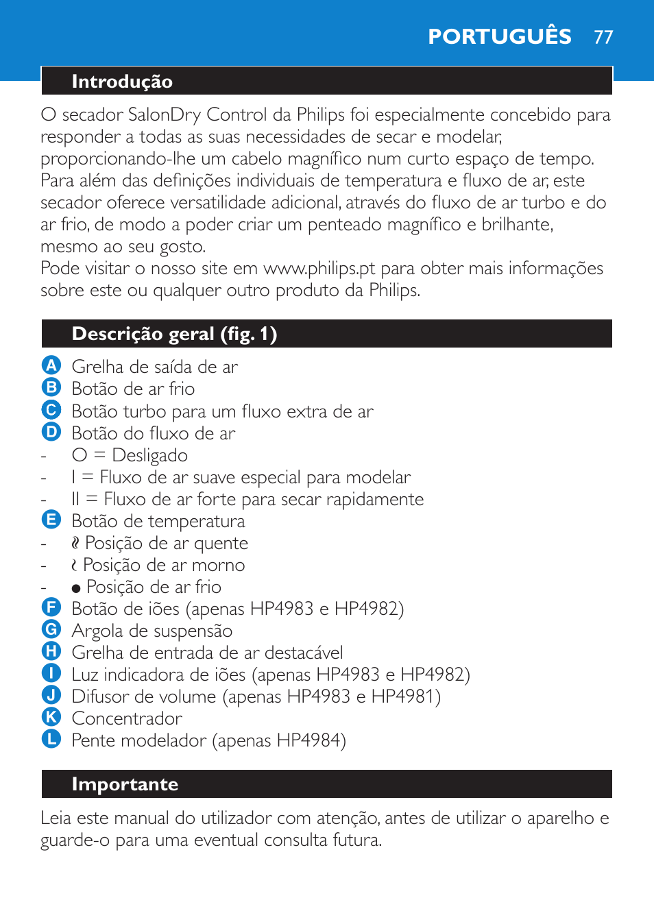 Português, Introdução, Descrição geral (fig. 1) | Importante | Philips SalonDry Control Sèche-cheveux User Manual | Page 77 / 100