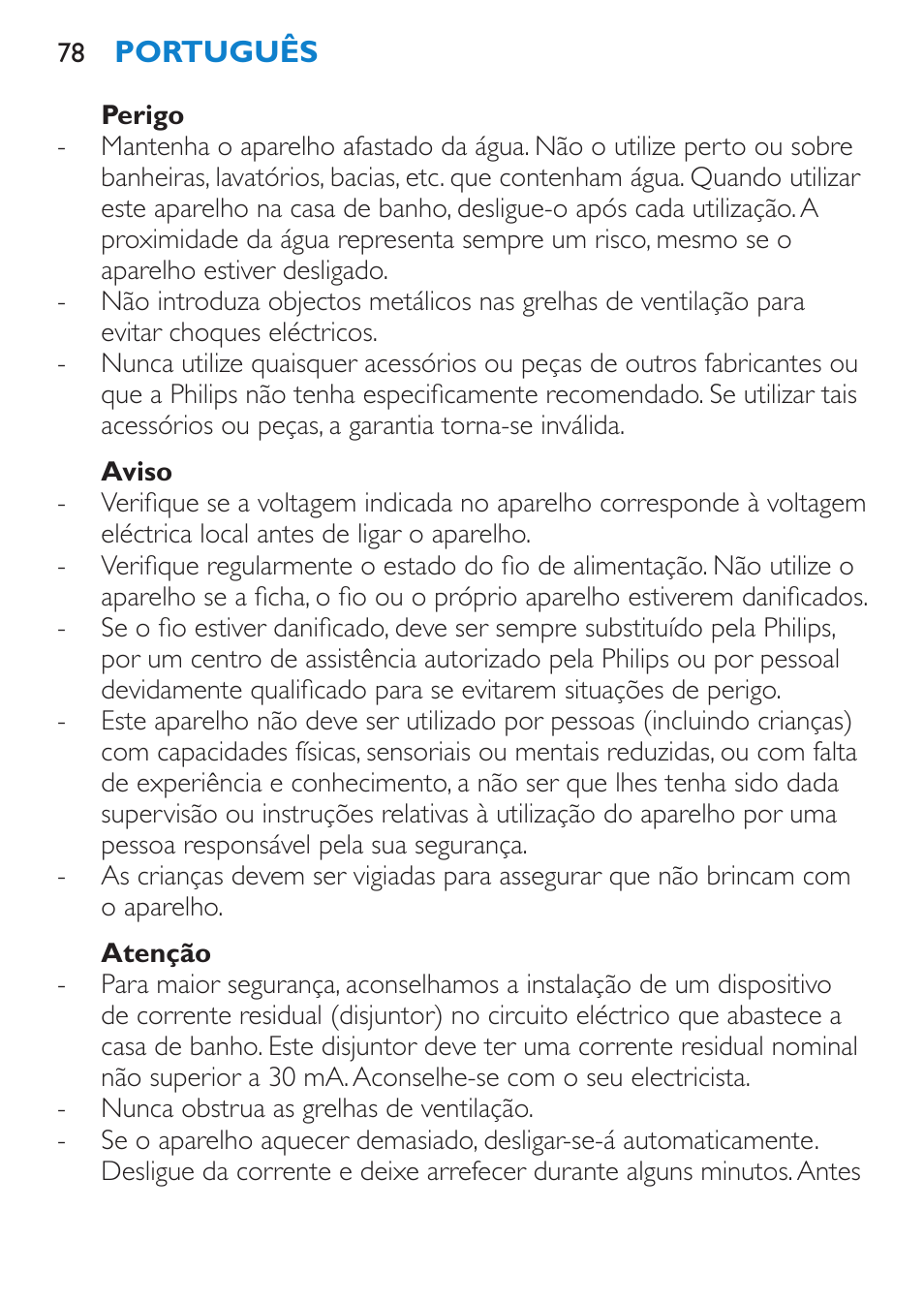 Perigo, Aviso, Atenção | Philips SalonDry Control Sèche-cheveux User Manual | Page 78 / 100