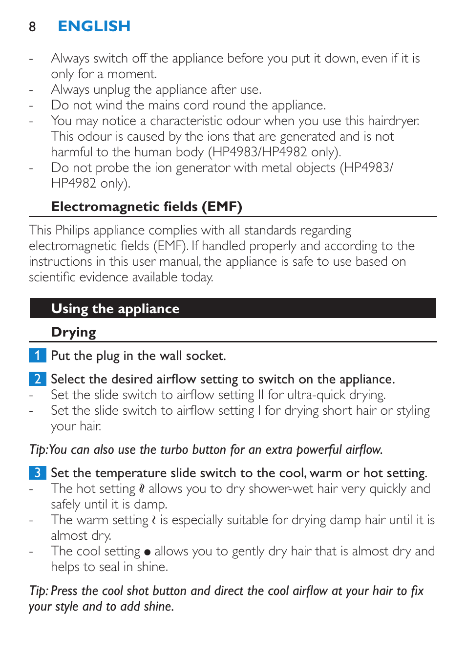 Electromagnetic fields (emf), Using the appliance, Drying | Philips SalonDry Control Sèche-cheveux User Manual | Page 8 / 100