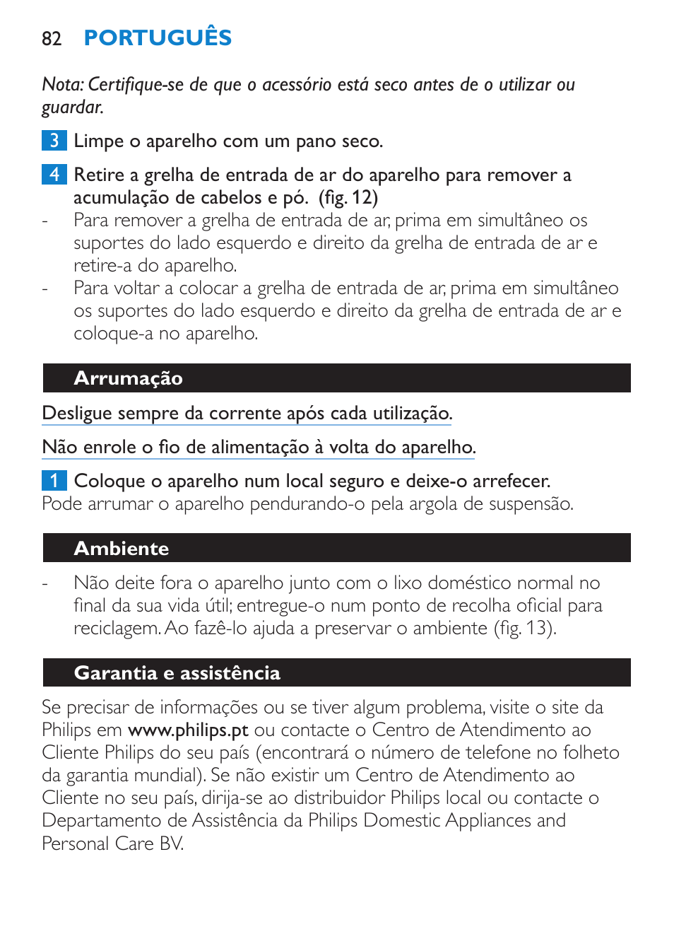 Arrumação, Ambiente, Garantia e assistência | Philips SalonDry Control Sèche-cheveux User Manual | Page 82 / 100