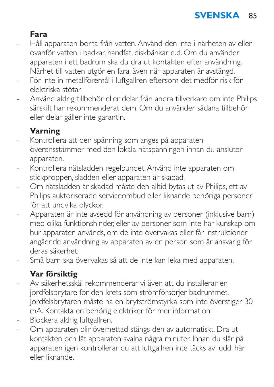 Fara, Varning, Var försiktig | Philips SalonDry Control Sèche-cheveux User Manual | Page 85 / 100