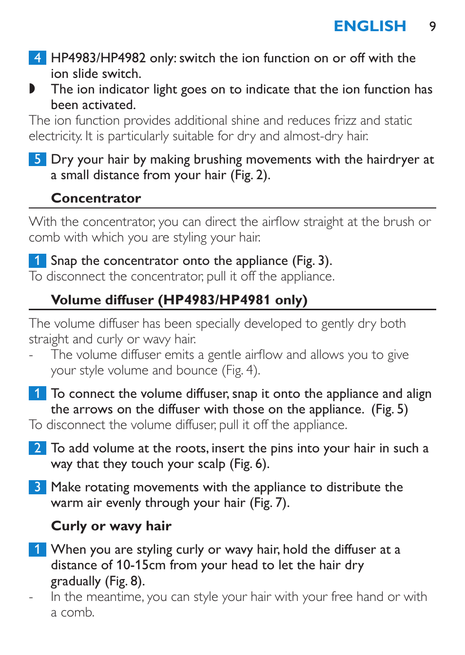 Concentrator, Volume diffuser (hp4983/hp4981 only), Curly or wavy hair | Philips SalonDry Control Sèche-cheveux User Manual | Page 9 / 100