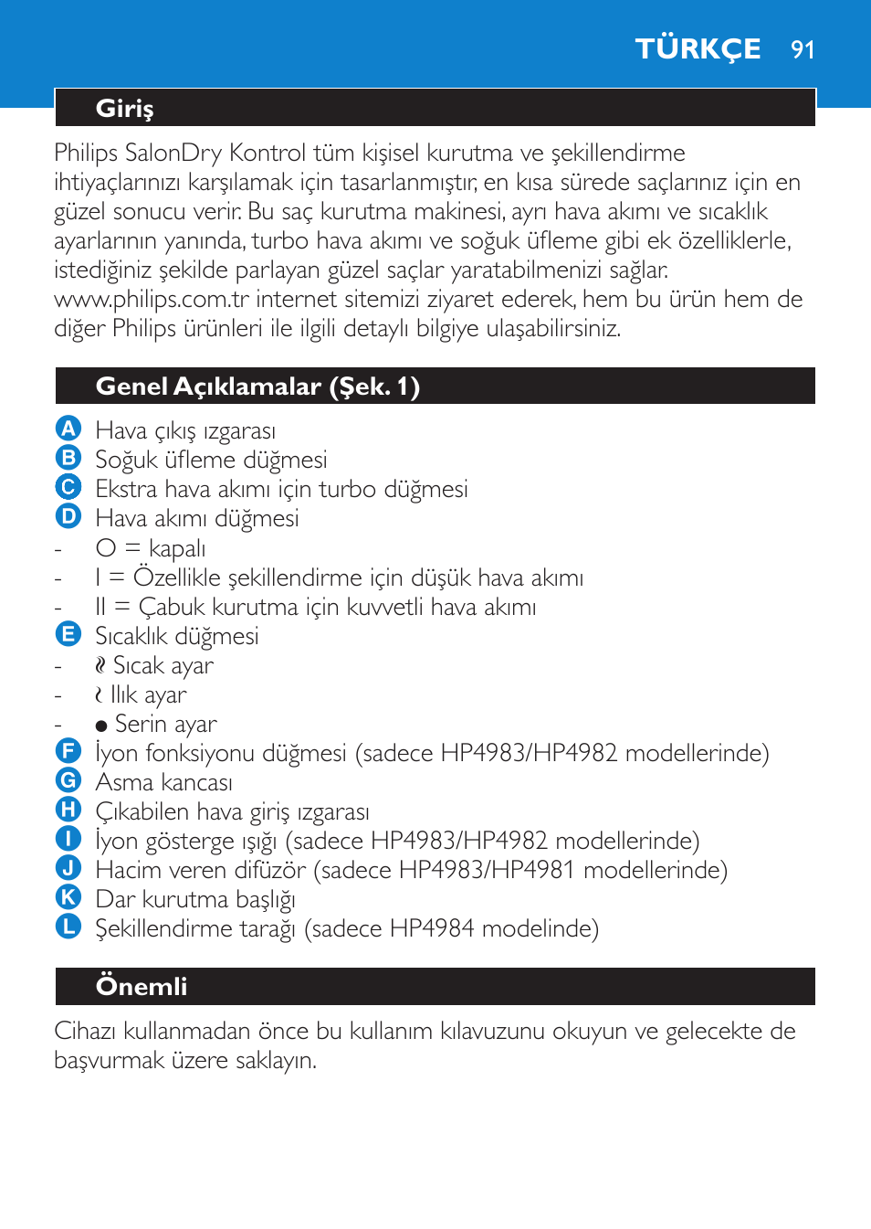 Türkçe, Giriş, Genel açıklamalar (şek. 1) | Önemli | Philips SalonDry Control Sèche-cheveux User Manual | Page 91 / 100