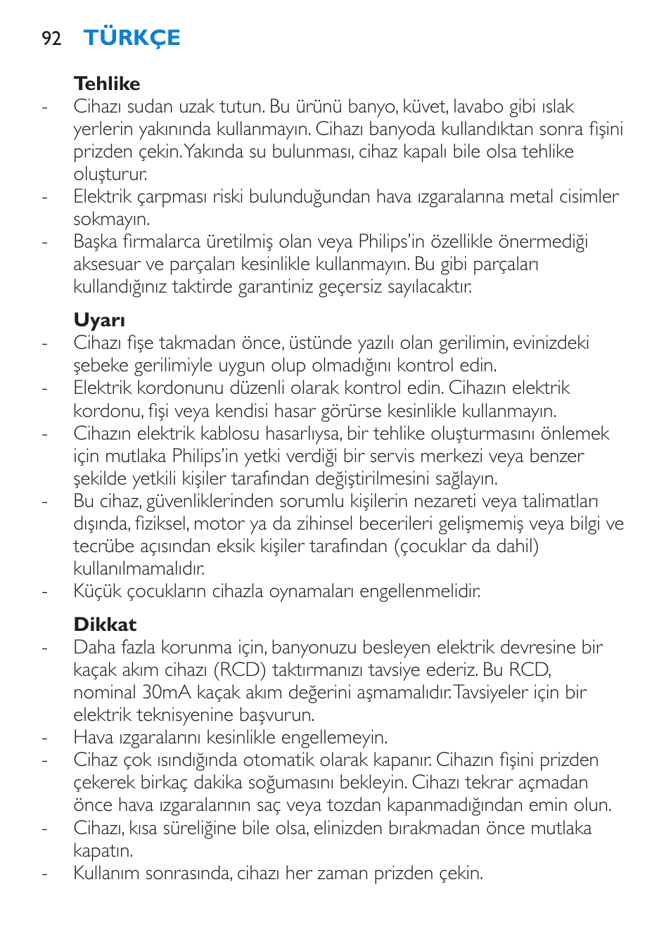 Tehlike, Uyarı, Dikkat | Philips SalonDry Control Sèche-cheveux User Manual | Page 92 / 100