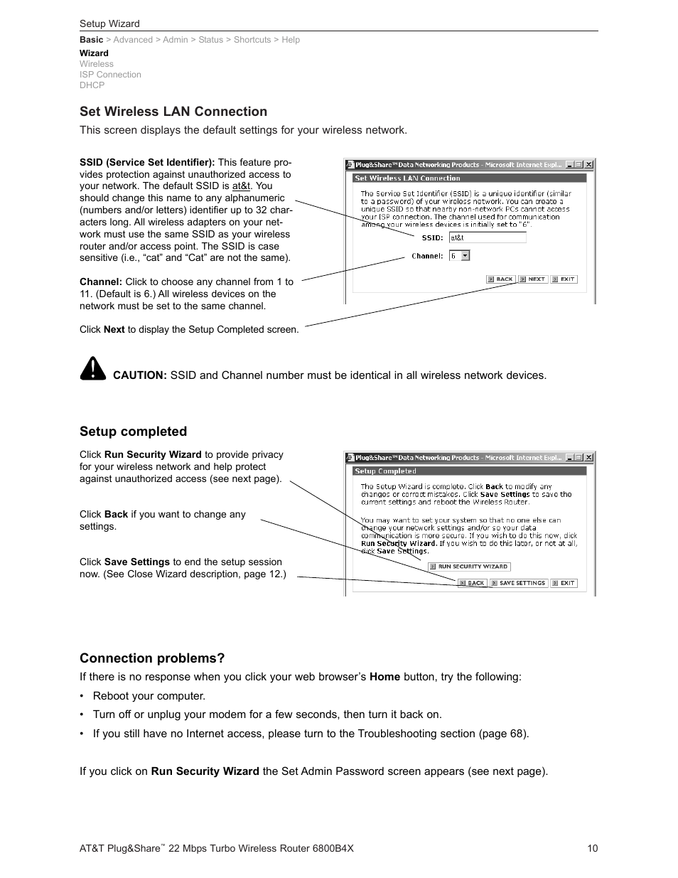 Set wireless lan connection, Setup completed, Connection problems | AT&T PLUG&SHARETM 6800B4X User Manual | Page 10 / 77