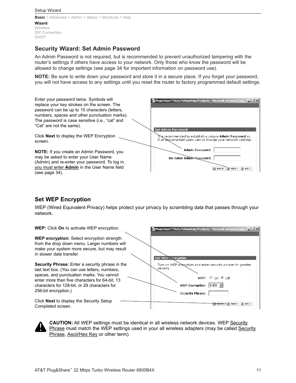 Security wizard: set admin password, Set wep encryption | AT&T PLUG&SHARETM 6800B4X User Manual | Page 11 / 77