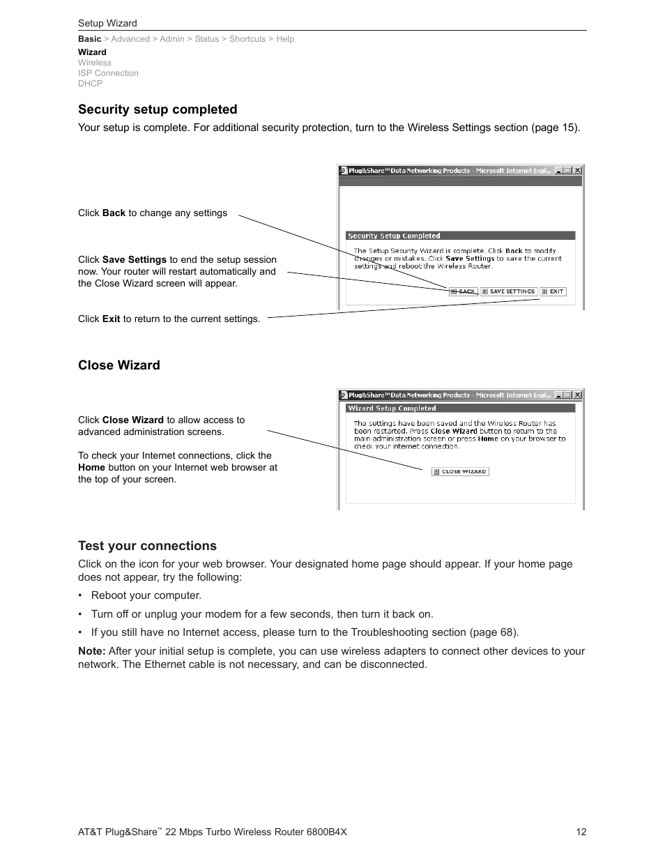 Test your connections, Security setup completed, Close wizard | AT&T PLUG&SHARETM 6800B4X User Manual | Page 12 / 77