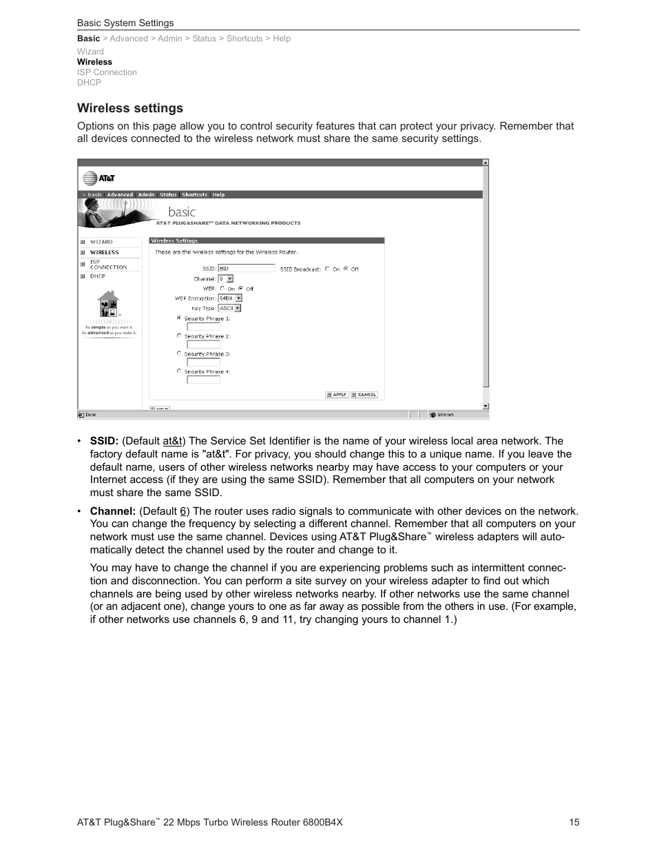 Wireless settings | AT&T PLUG&SHARETM 6800B4X User Manual | Page 15 / 77
