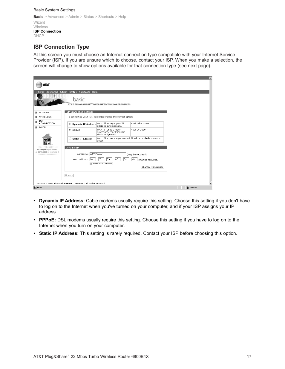 Isp connection type | AT&T PLUG&SHARETM 6800B4X User Manual | Page 17 / 77