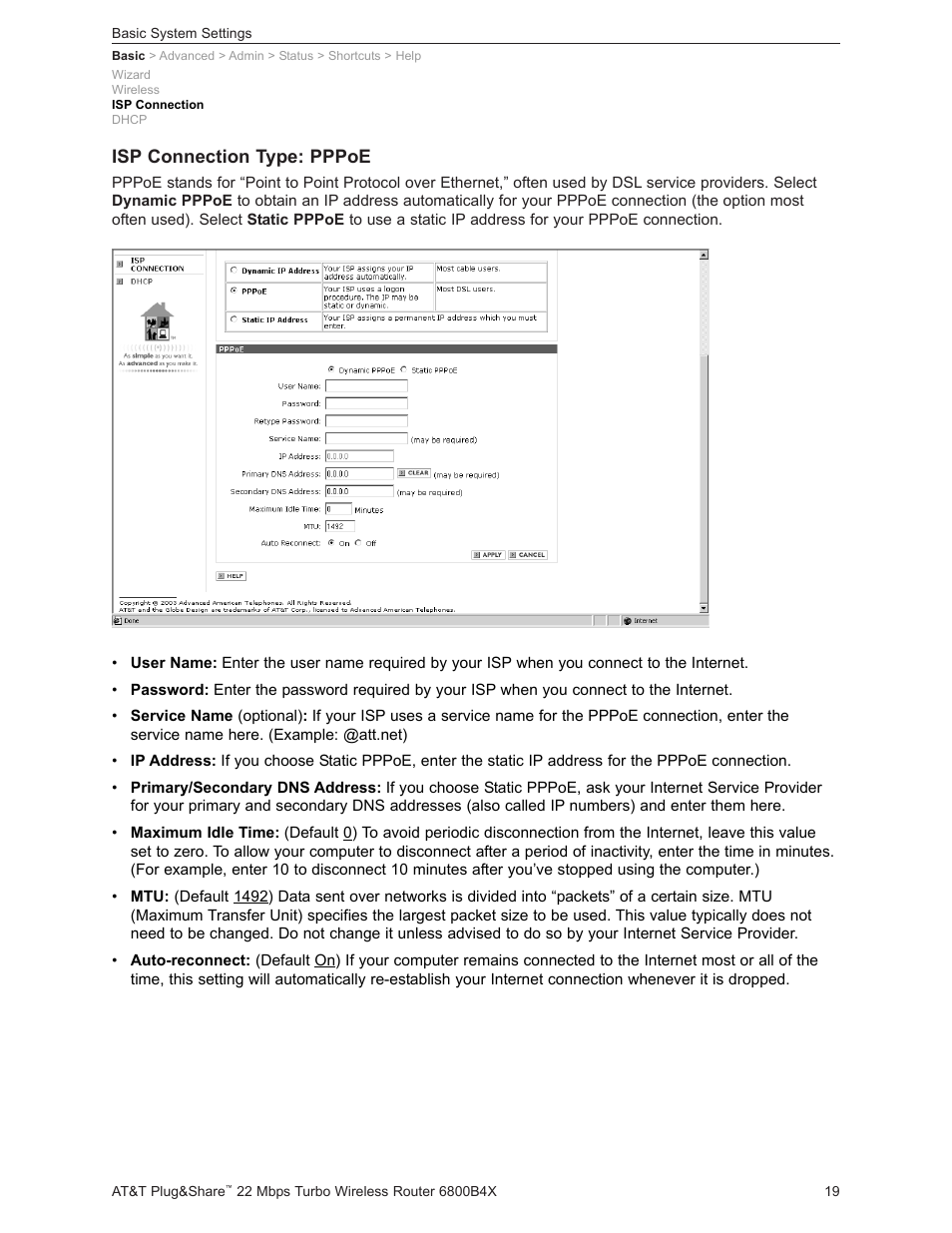 Isp connection type: pppoe | AT&T PLUG&SHARETM 6800B4X User Manual | Page 19 / 77