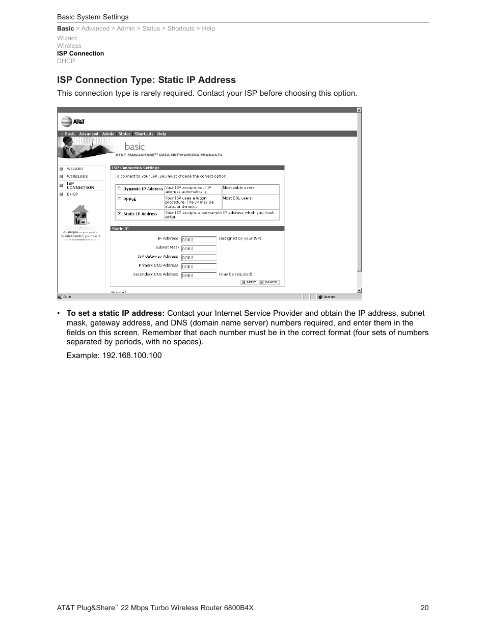 Isp connection type: static ip address | AT&T PLUG&SHARETM 6800B4X User Manual | Page 20 / 77