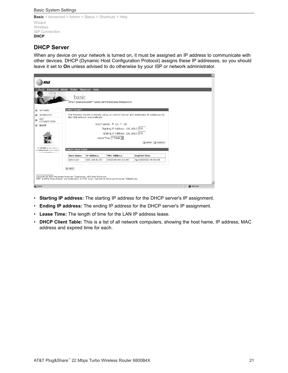 Dhcp server | AT&T PLUG&SHARETM 6800B4X User Manual | Page 21 / 77