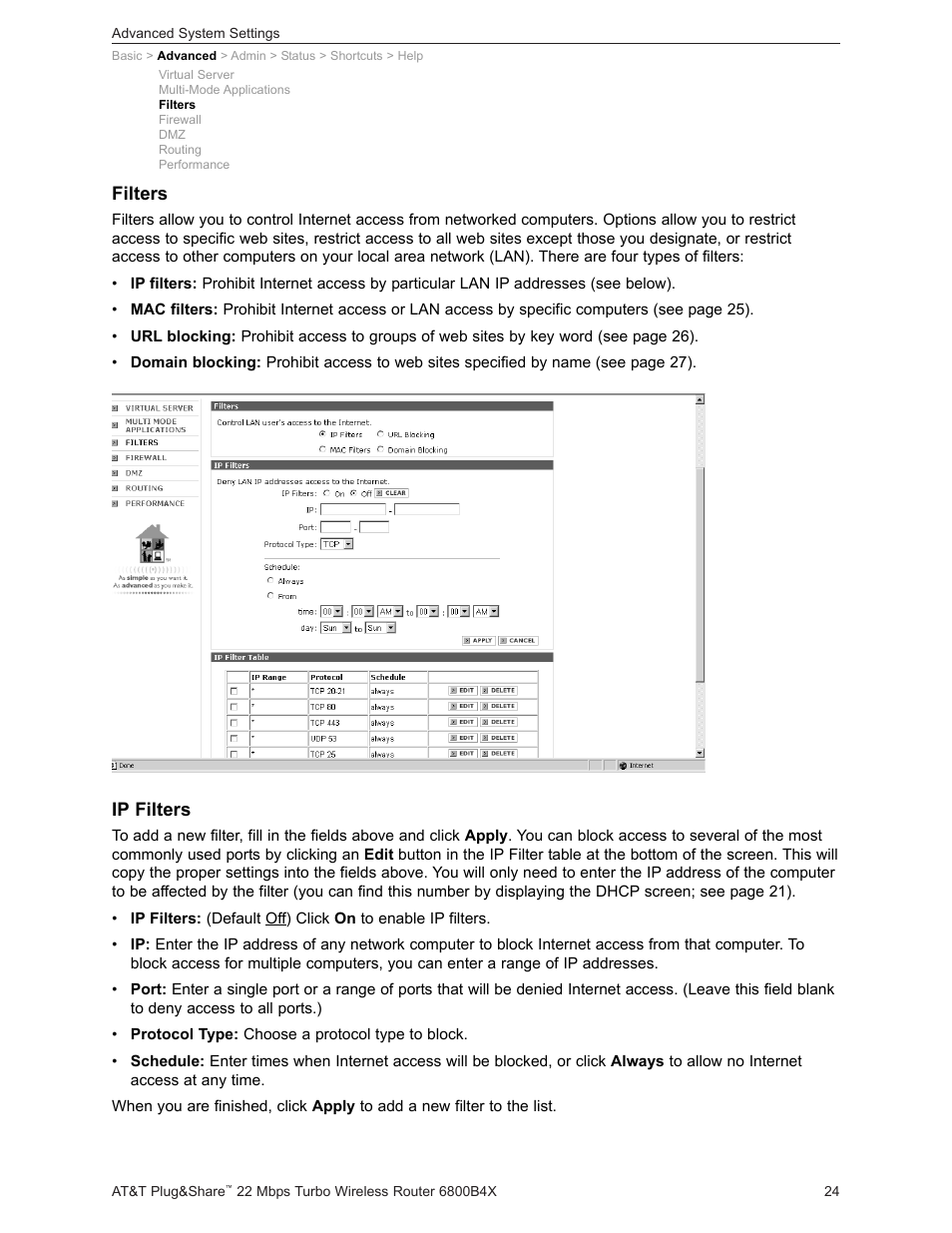 Ip filters, Filters | AT&T PLUG&SHARETM 6800B4X User Manual | Page 24 / 77