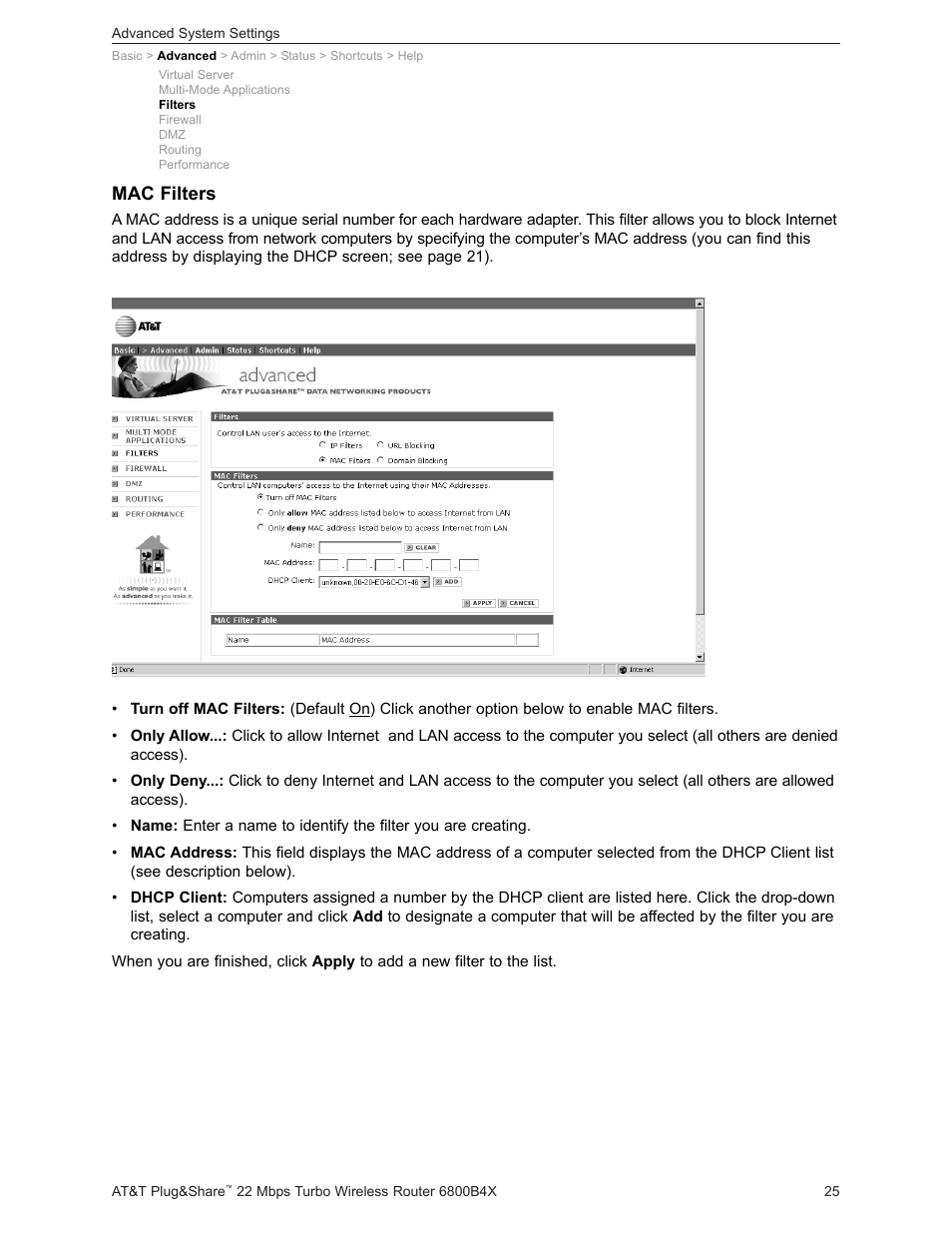 Mac filters | AT&T PLUG&SHARETM 6800B4X User Manual | Page 25 / 77