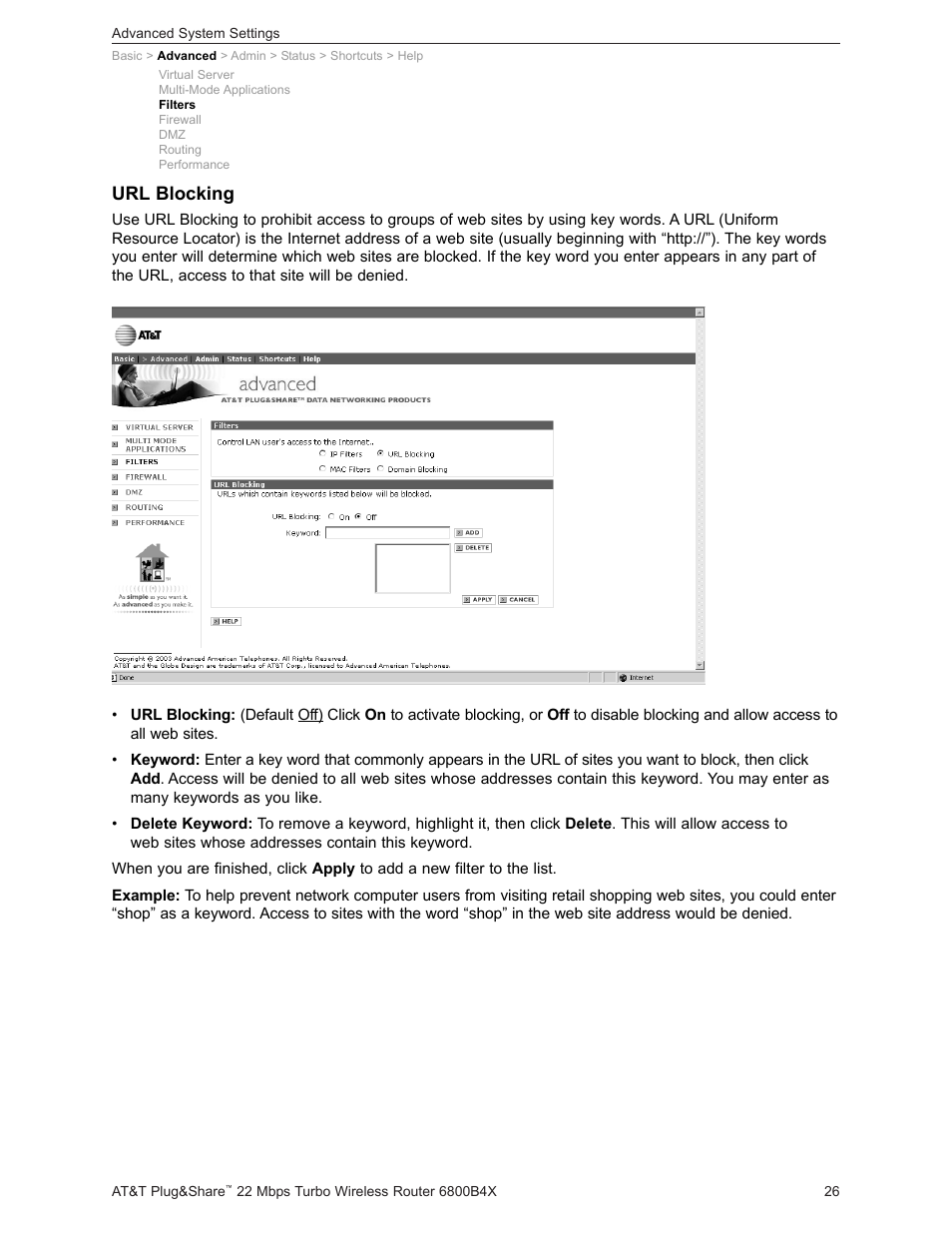 Url blocking | AT&T PLUG&SHARETM 6800B4X User Manual | Page 26 / 77
