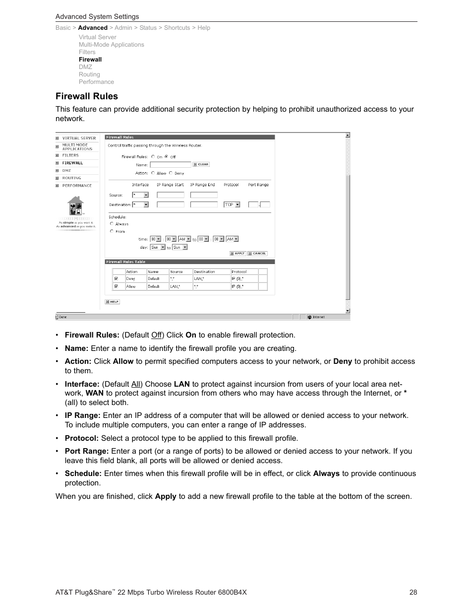 Firewall rules | AT&T PLUG&SHARETM 6800B4X User Manual | Page 28 / 77