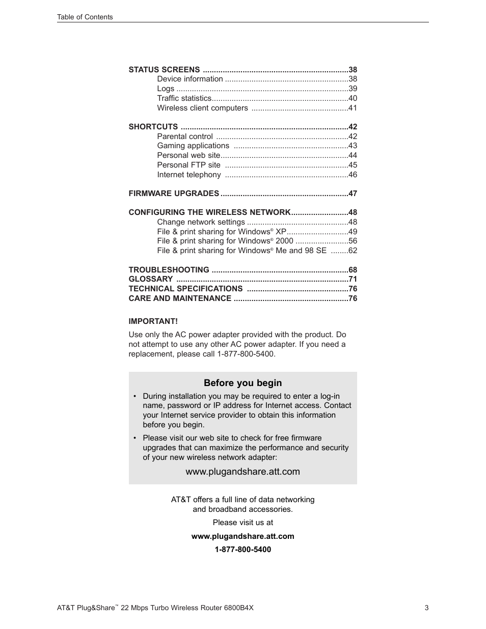 Before you begin | AT&T PLUG&SHARETM 6800B4X User Manual | Page 3 / 77