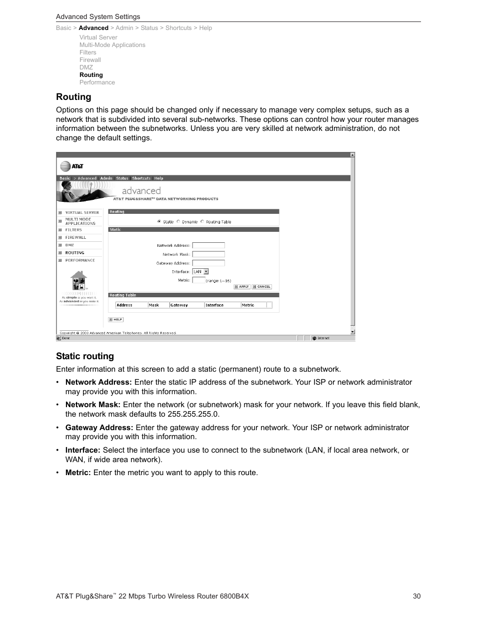 Static routing, Routing | AT&T PLUG&SHARETM 6800B4X User Manual | Page 30 / 77