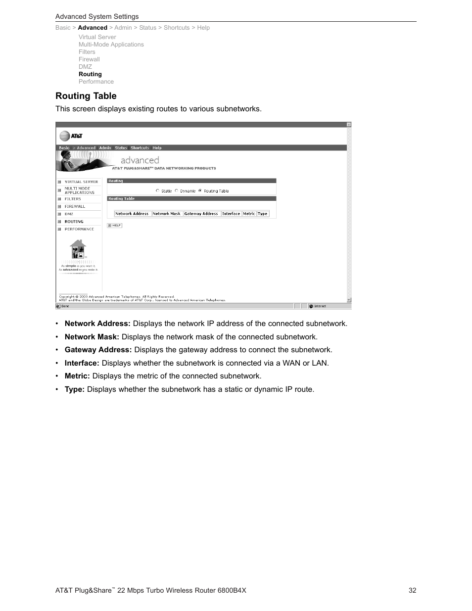 Routing table | AT&T PLUG&SHARETM 6800B4X User Manual | Page 32 / 77