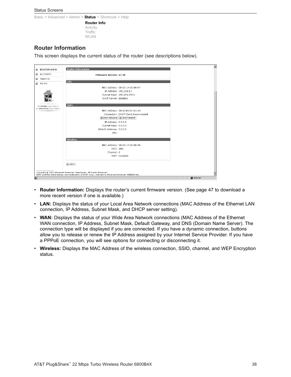 Router information | AT&T PLUG&SHARETM 6800B4X User Manual | Page 38 / 77
